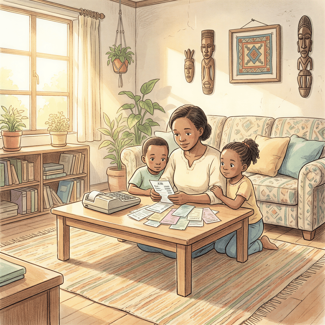 Family calculates real costs after breadwinner loss with bills and calculator in warm living room