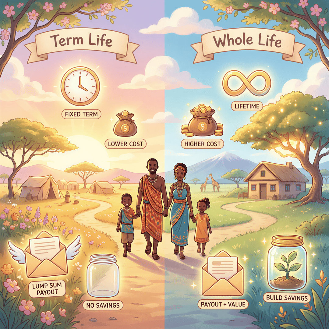 Term life vs whole life insurance compared in a friendly Studio Ghibli scene for Kenyan families