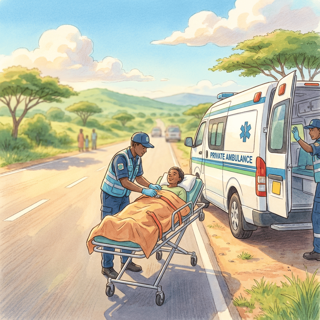 Studio Ghibli style image showing a swift, professional medical team attending to a patient near a quiet, modern ambulance on a bright Kenyan road.