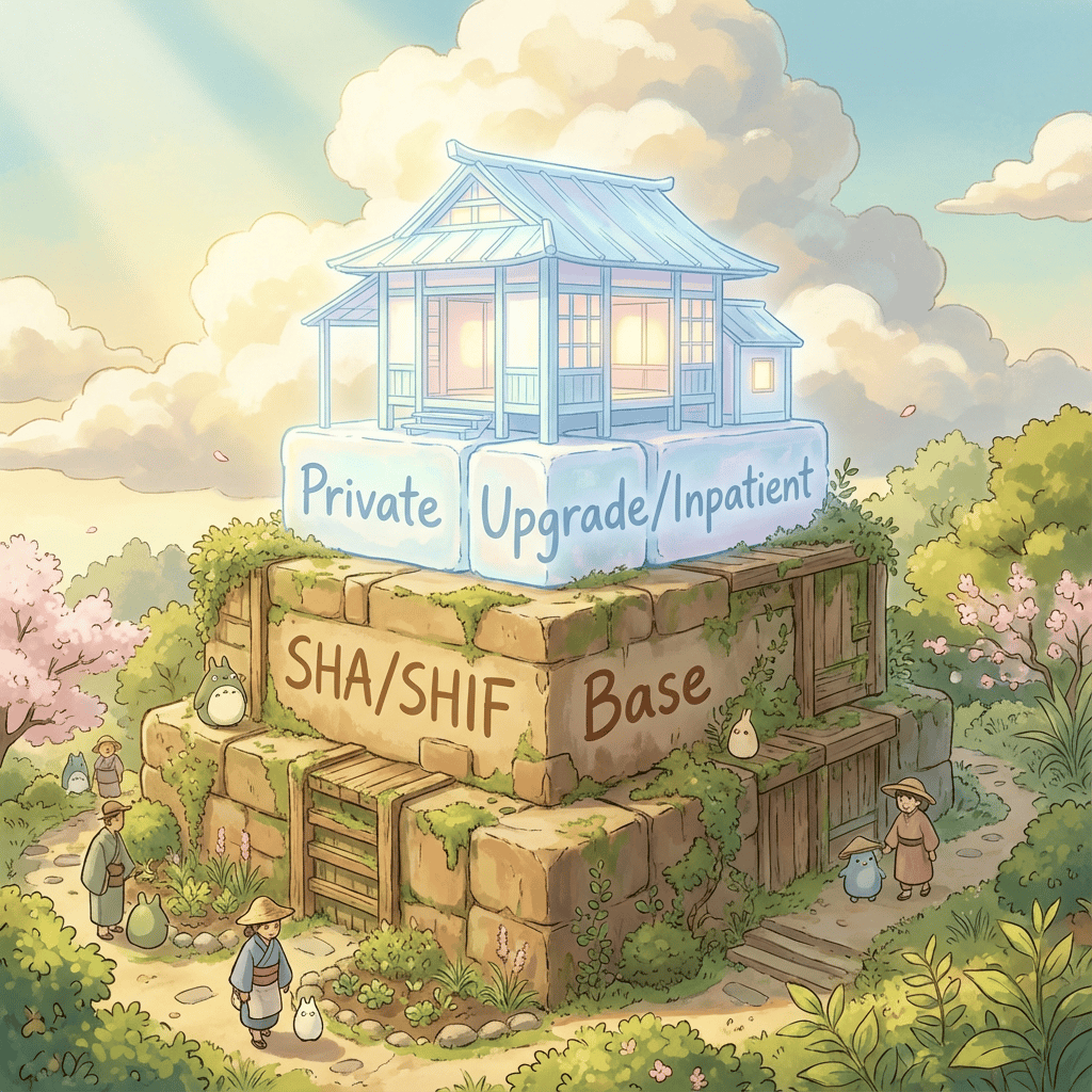 Studio Ghibli illustration symbolizing 'stacking strategy', showing a sturdy SHA/SHIF base supporting a lighter private insurance roof.