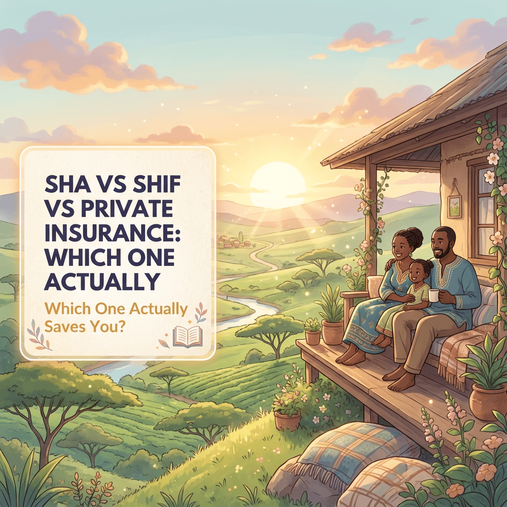 Studio Ghibli aesthetic banner image depicting a Kenyan family on a porch at sunset, with text overlay: 'SHA vs SHIF vs Private Insurance: Which One Actually Saves You?'
