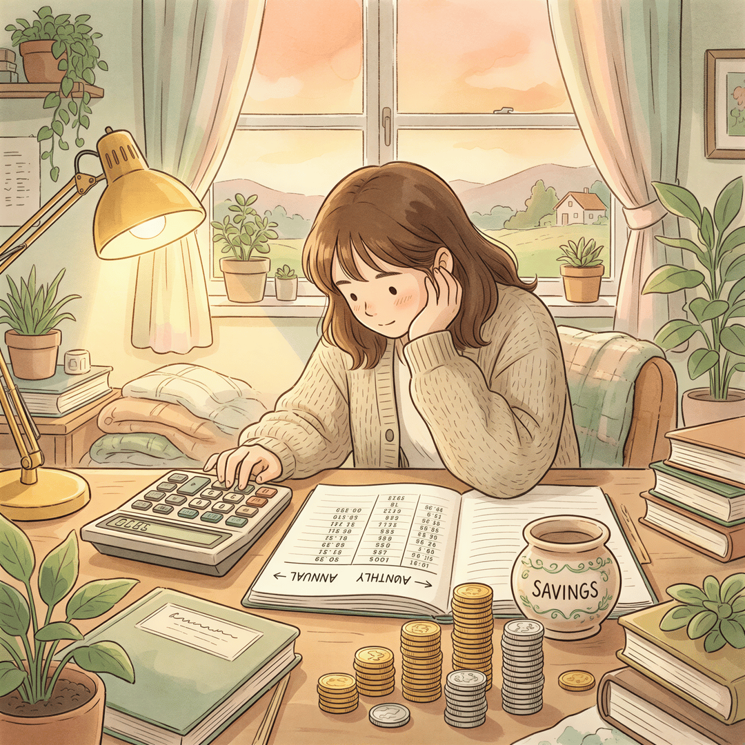 Illustration showing annual vs monthly insurance payments with calculator and coins