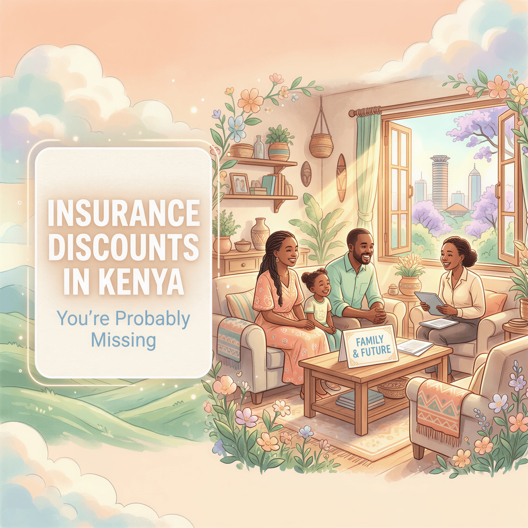 Studio Ghibli-inspired banner about Kenya insurance discounts with a friendly family and broker