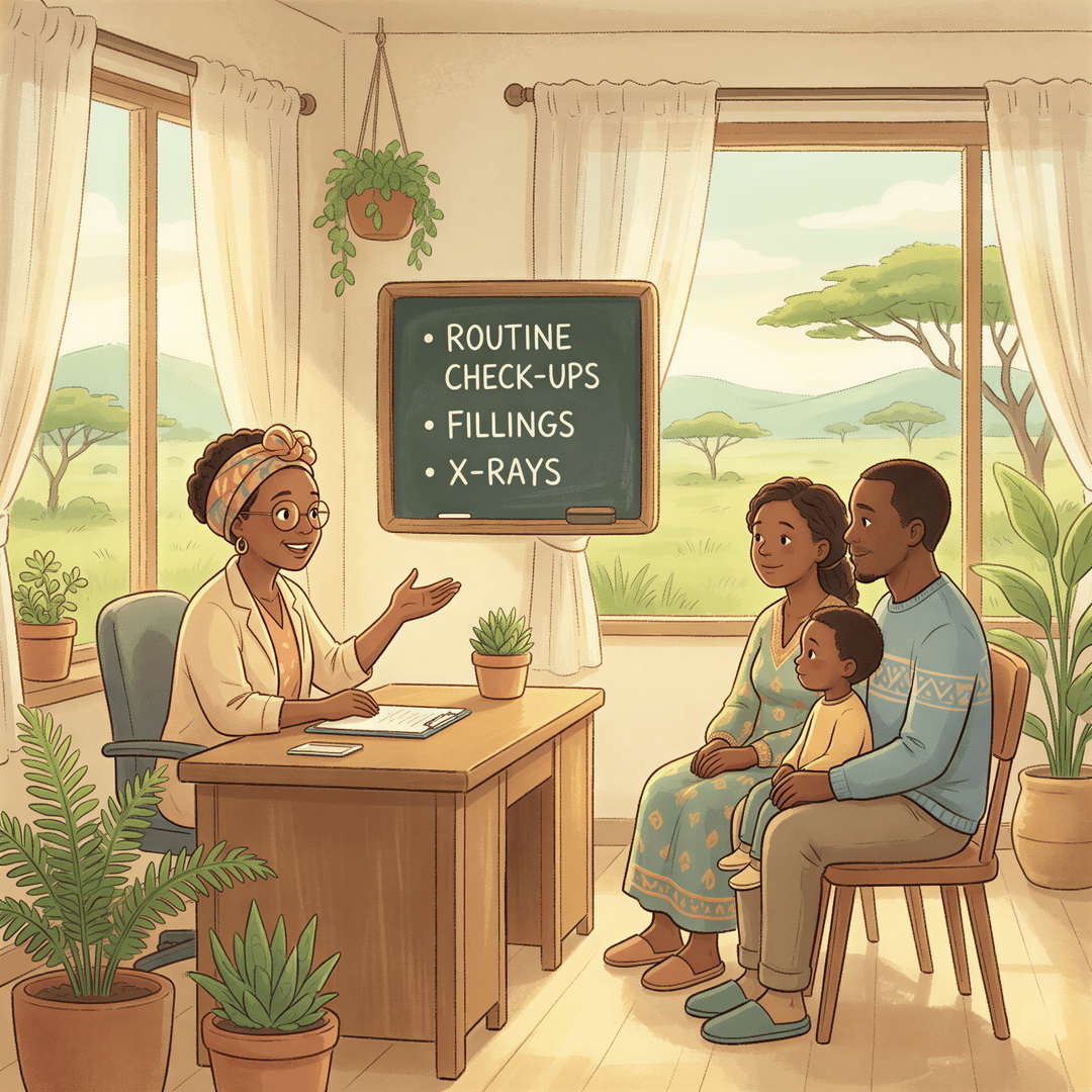 Dental rider coverage details illustrated by a friendly clinician in Kenya