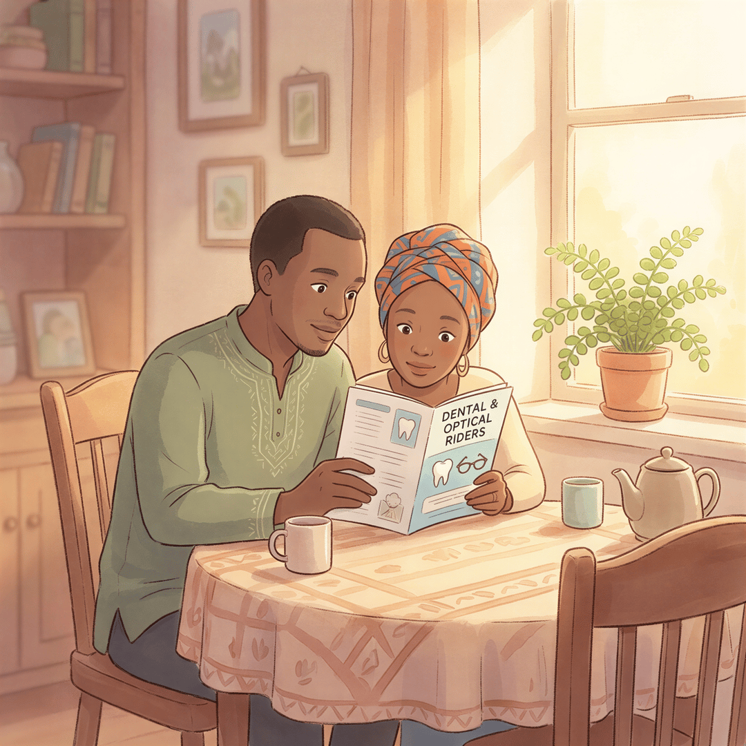 Kenyan couple reviewing dental and optical rider details at home with brochure
