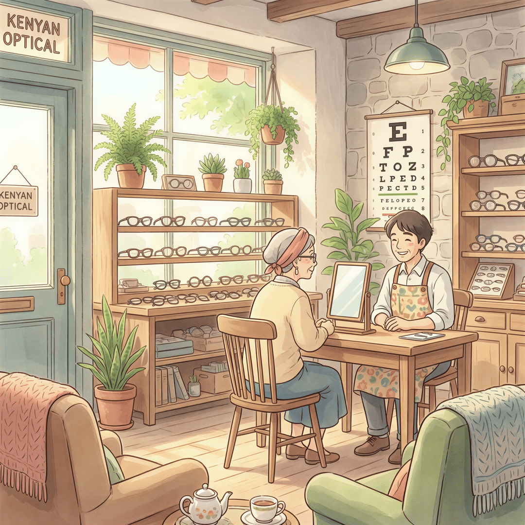 Optical rider coverage details discussed in a Kenyan optician shop