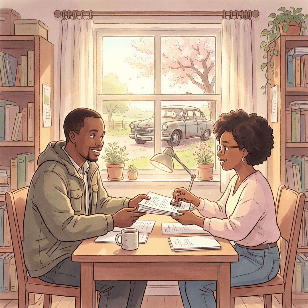 Insurance payout process with car and paperwork in a cozy home office