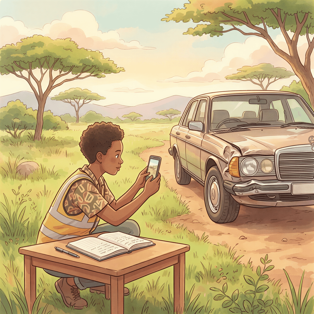 Driver at accident scene documenting details for insurance claim in Kenya
