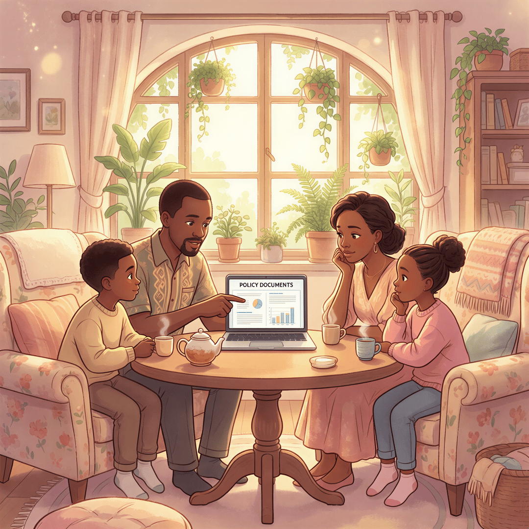 Stage 5 image: Established Kenyan family reviewing comprehensive insurance coverage together