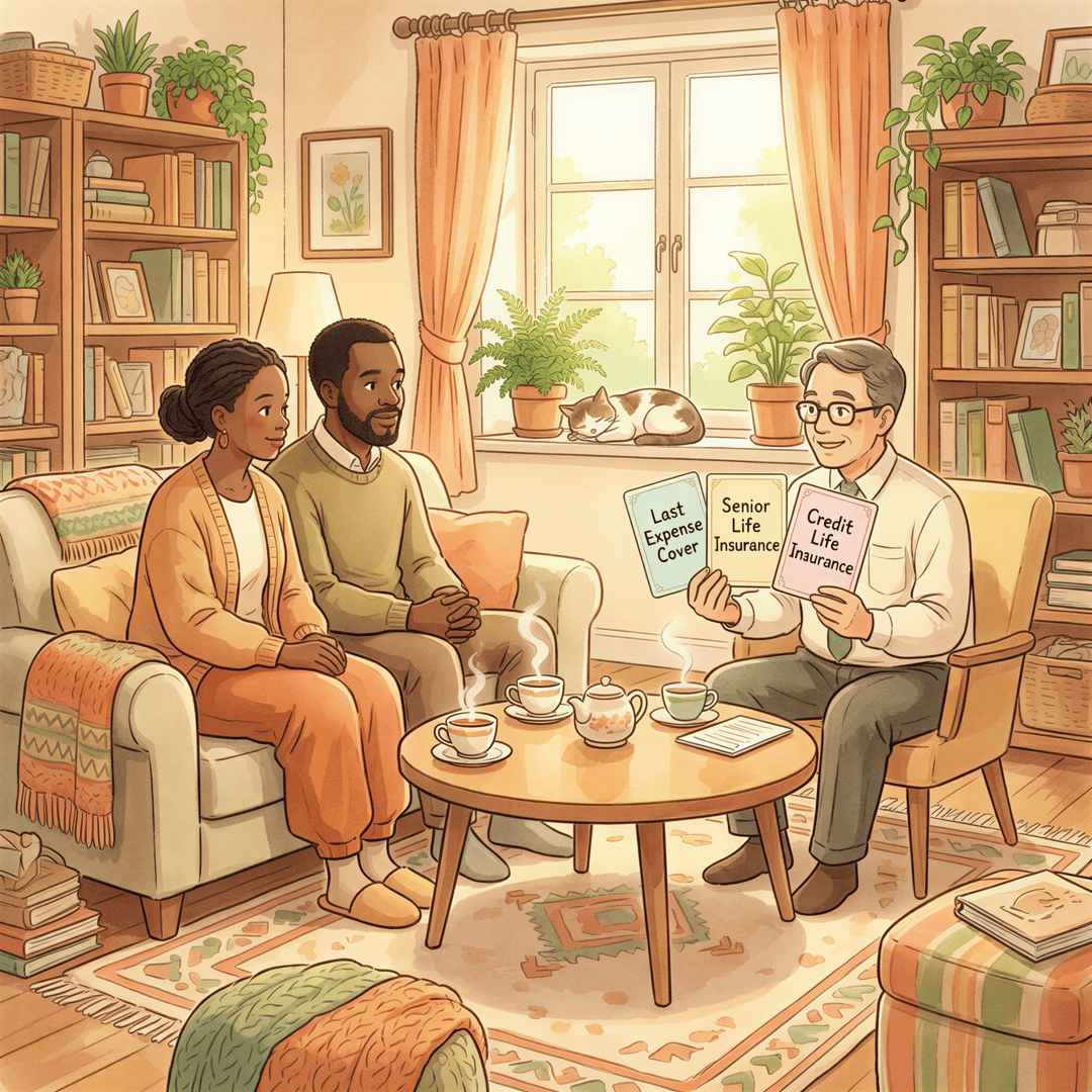 Three Kenyan insurance options cards shown to a family: Last Expense Cover, Senior Life Insurance, and Credit Life Insurance