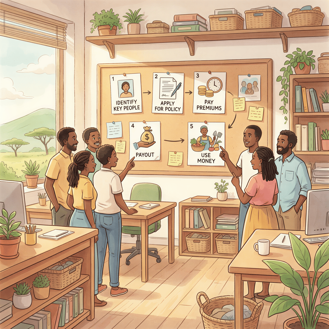 Workflow-style illustration of how key person insurance works with five steps.