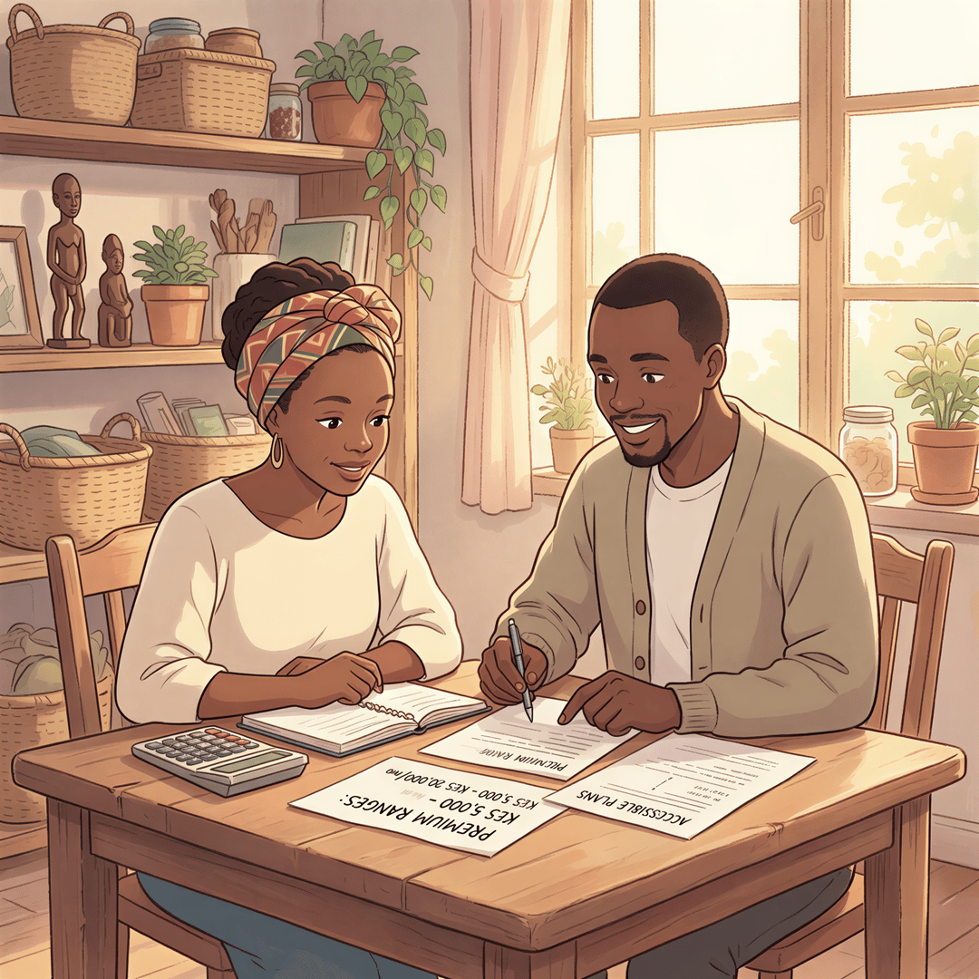 Business discussion scene about insurance costs with a Kenyan SME and broker; calculator and documents on the table.