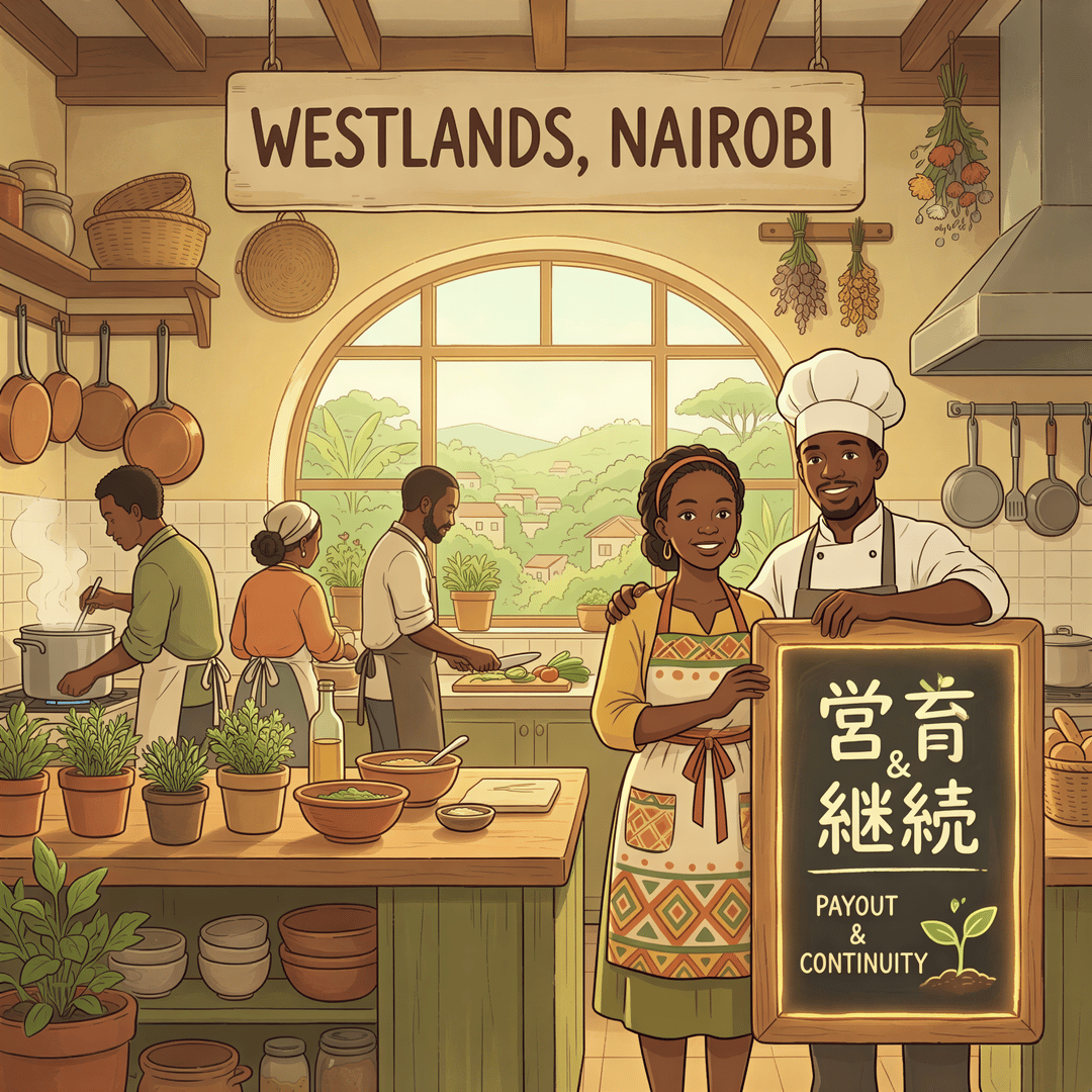 Kenyan restaurant kitchen illustrating key person insurance concept with a head chef and owner in a warm Studio Ghibli style.