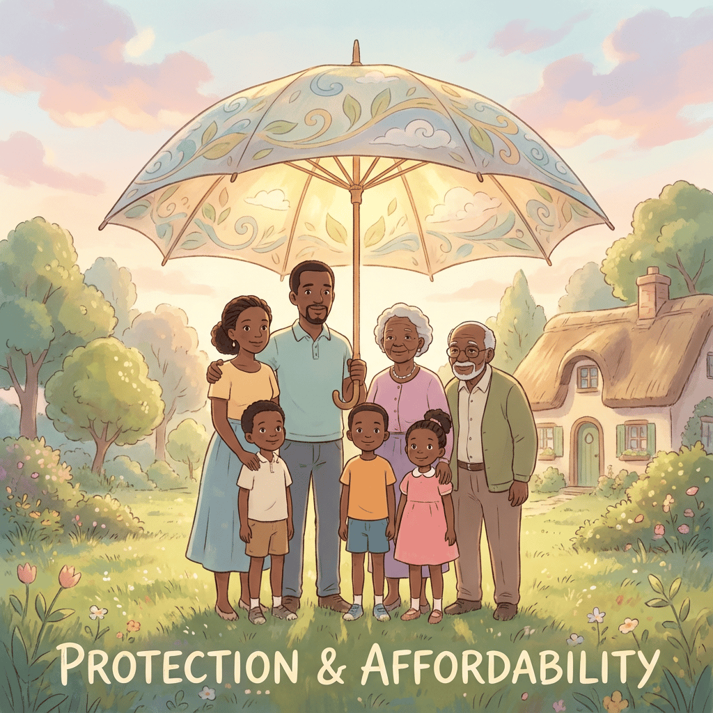 A visual metaphor of diverse Kenyan family members sheltered together under a single, sturdy, gently glowing umbrella in soft light.