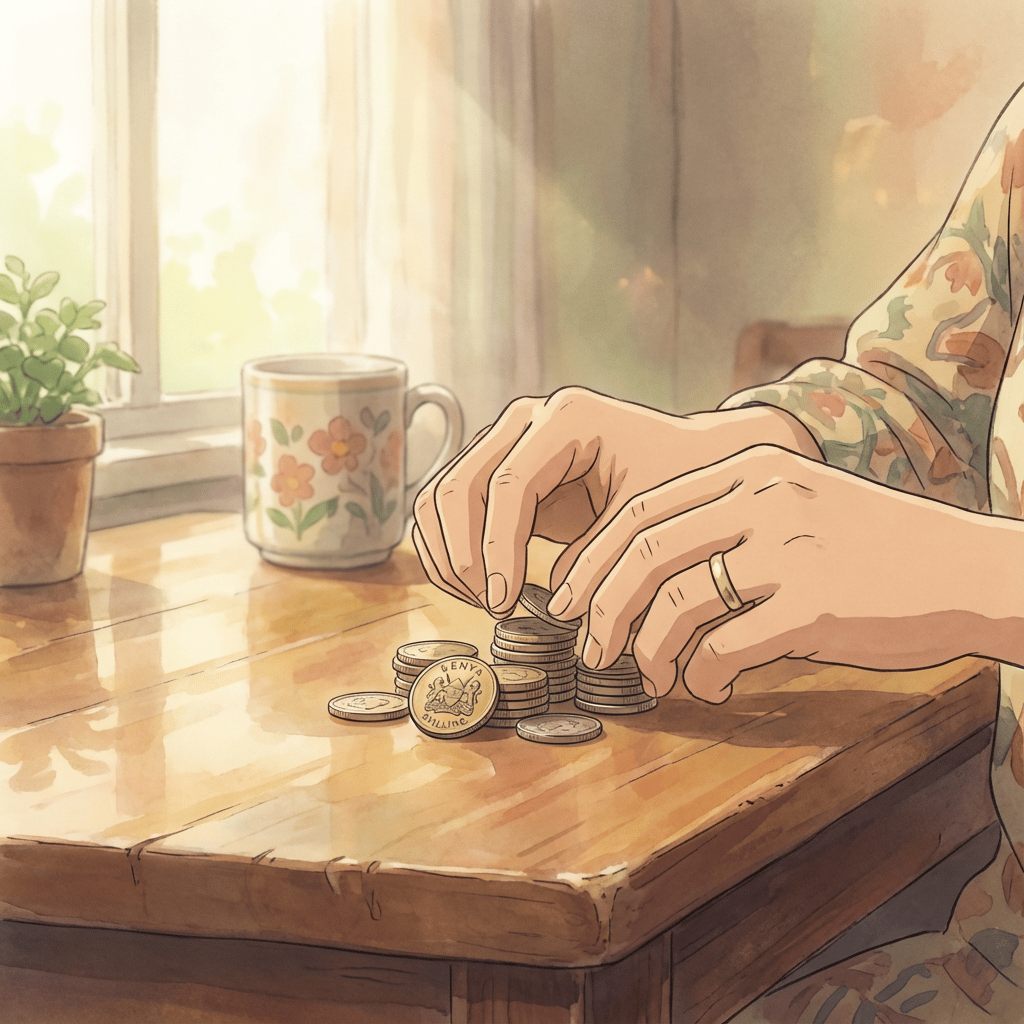 Ghibli inspired scene of hands gently placing Kenyan shillings into a small, intricately carved wooden box, representing covering immediate expenses.