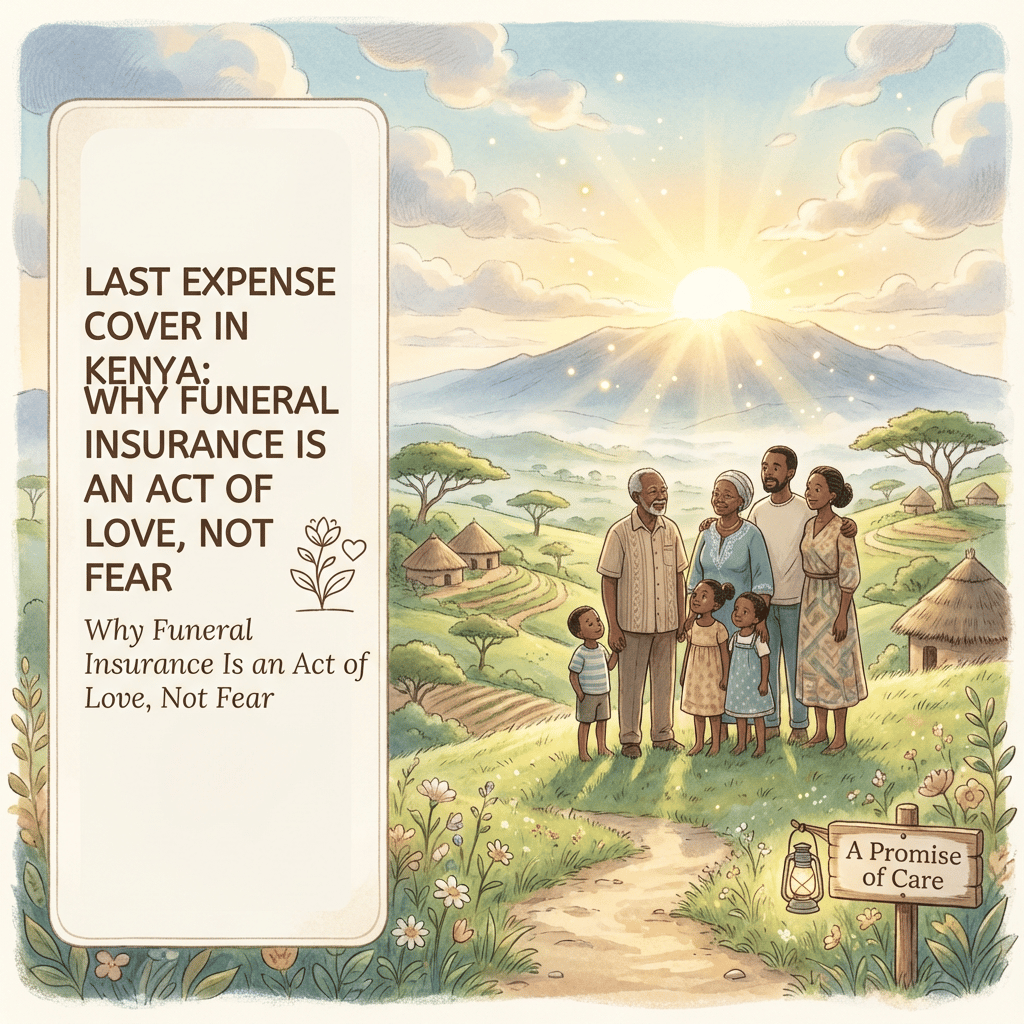 Studio Ghibli style image of a peaceful Kenyan family gathering under soft morning light, representing thoughtful preparation for the future.