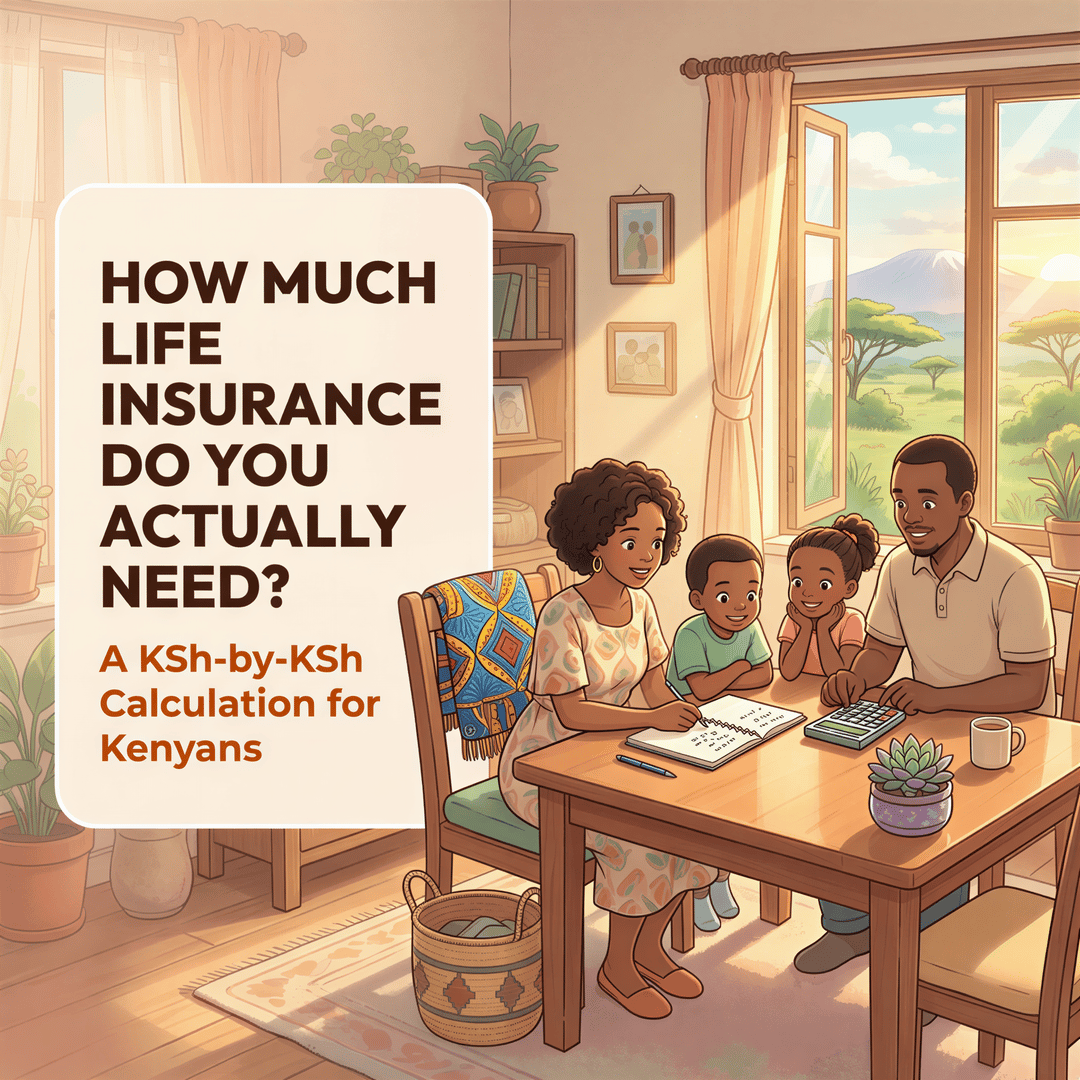 Studio Ghibli-inspired banner with a Kenyan family planning life insurance; title overlay prominently displayed