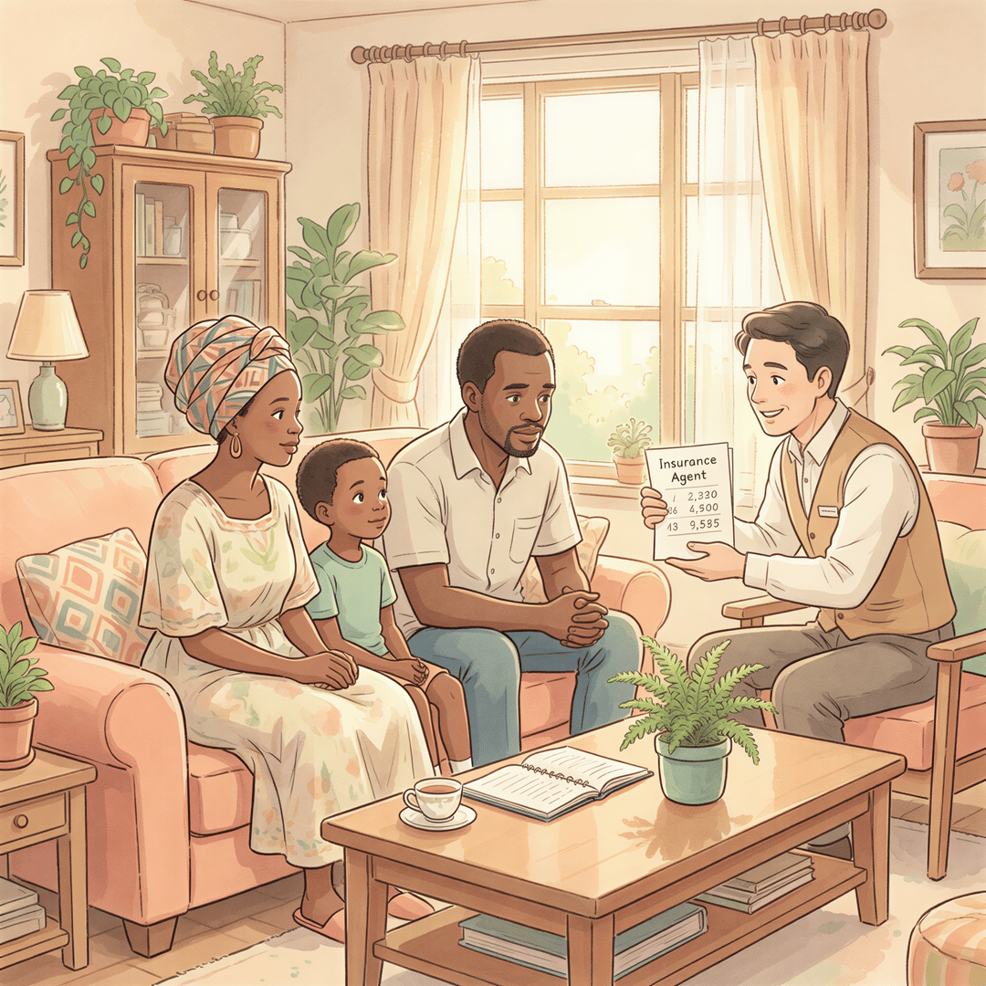 Kenyan family with a friendly insurance agent in a warm, Ghibli-inspired living room illustrating the 'Why Most Kenyans Get This Wrong' section.