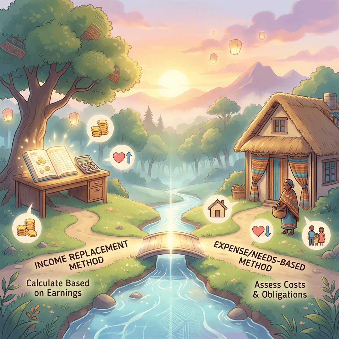 Two distinct pathways representing the two valid methods for calculating life insurance needs, in a gentle, split-scene Studio Ghibli style.