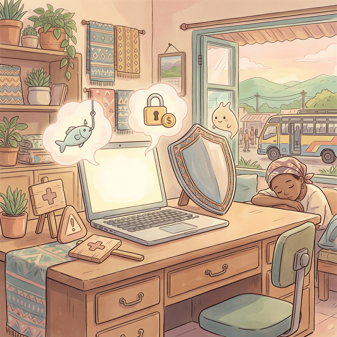 Small business owner facing cyber risk scenario with laptop and shield