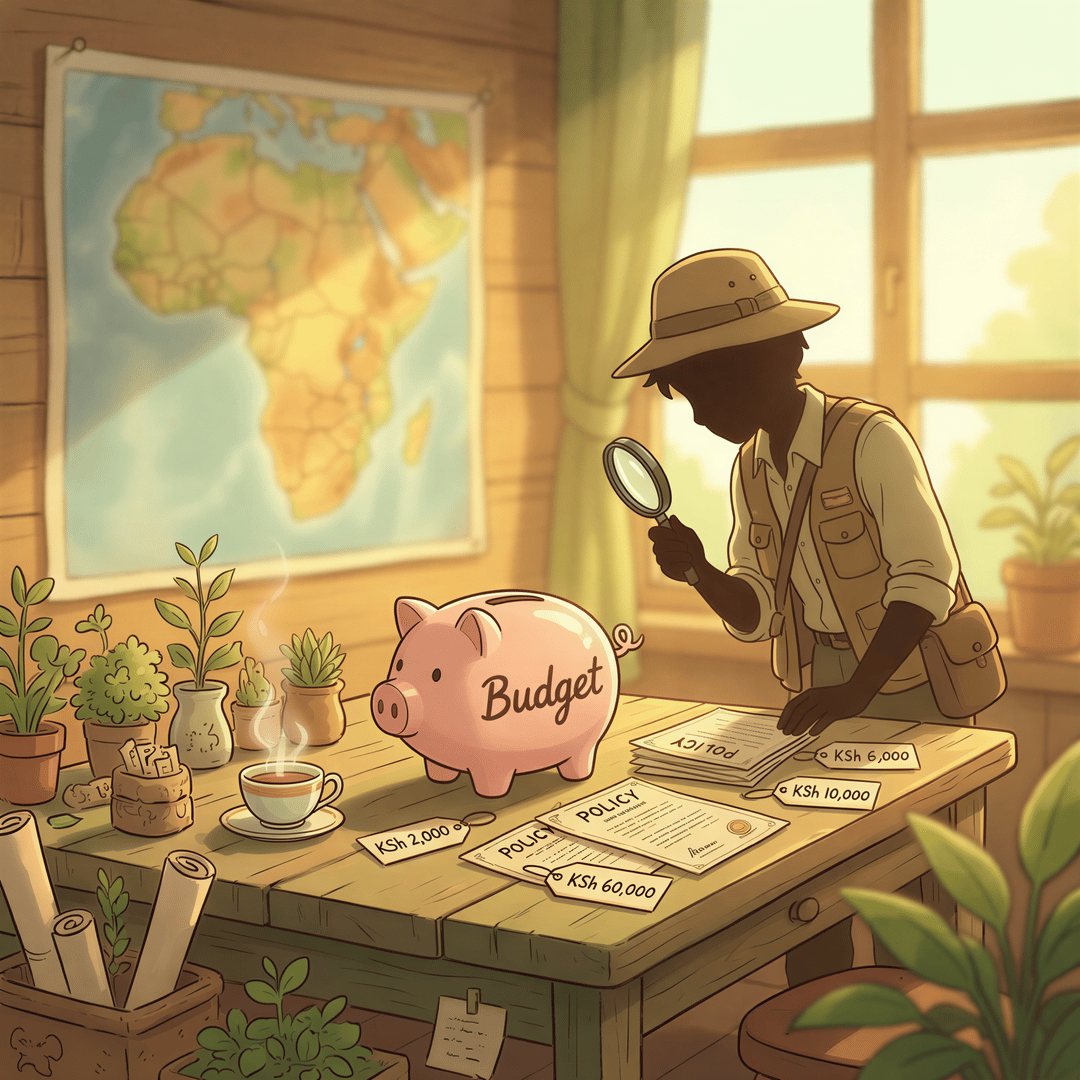 Budget-friendly travel insurance costs in Kenya shown with price tags and a piggy bank.