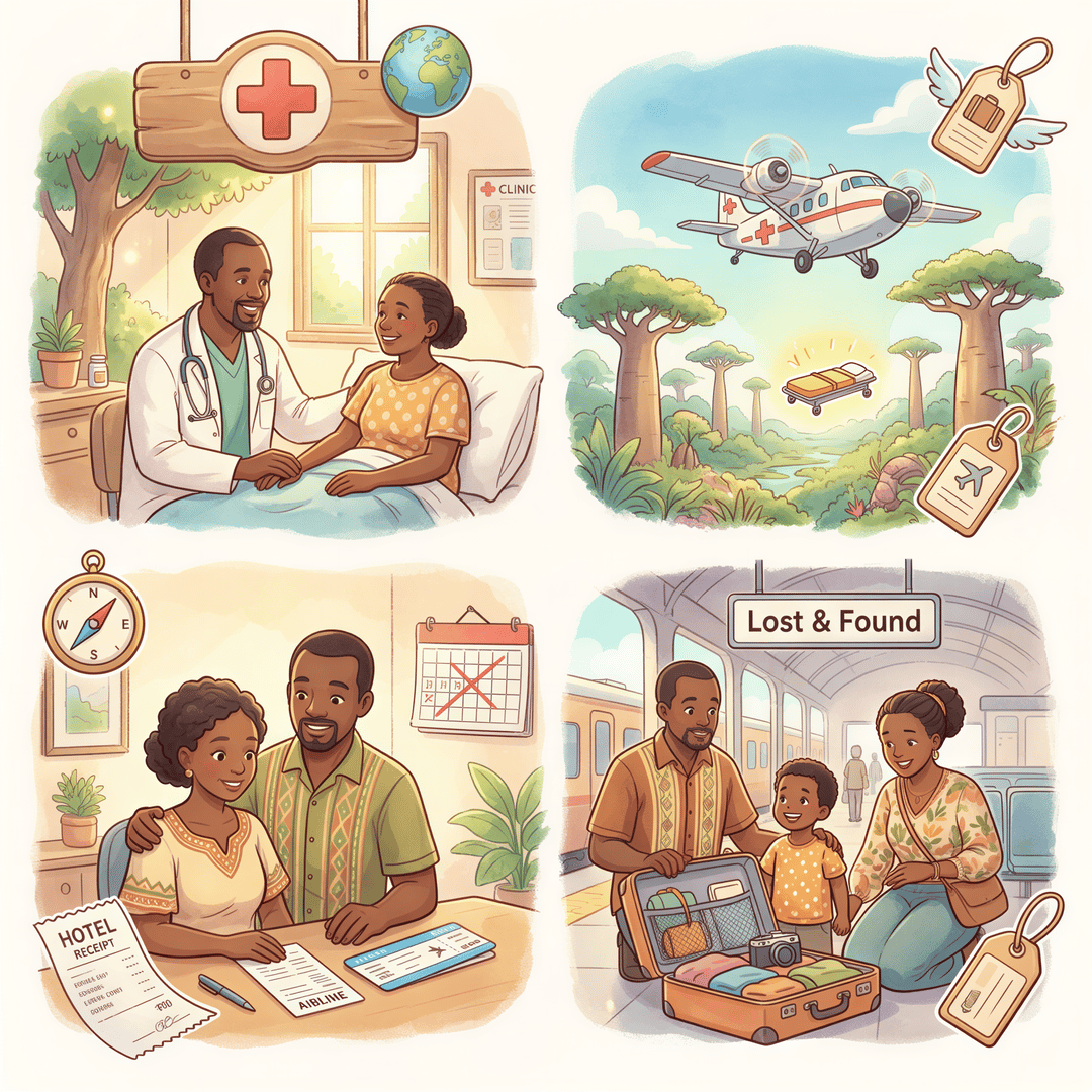 Illustration showing travel insurance covers emergency medical treatment, evacuation, trip cancellation, luggage, and delays.