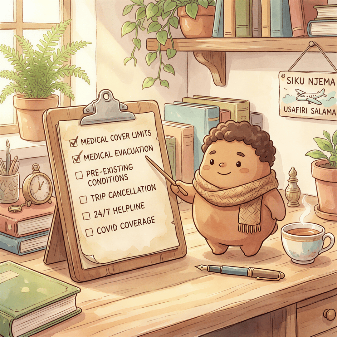 Checklist for travel insurance features: medical cover, evacuation, pre-existing conditions, trip cancellation, 24/7 helpline, COVID coverage.