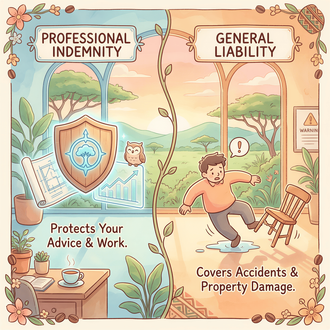 PI vs General Liability insurance comparison in a Studio Ghibli style