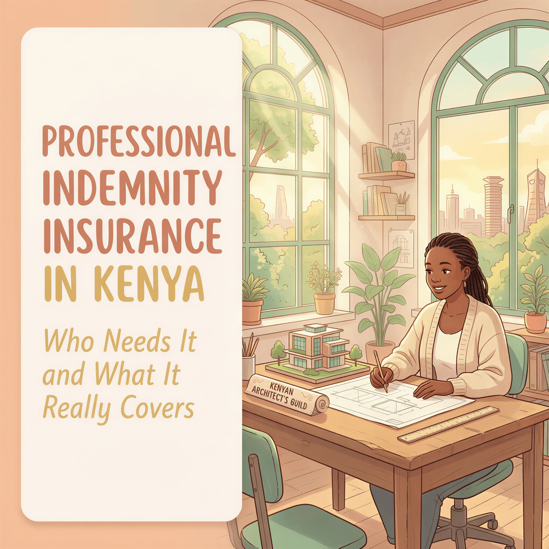 Banner image for 'Professional Indemnity Insurance in Kenya' with a Nairobi architect in a Studio Ghibli-inspired, warm pastel setting