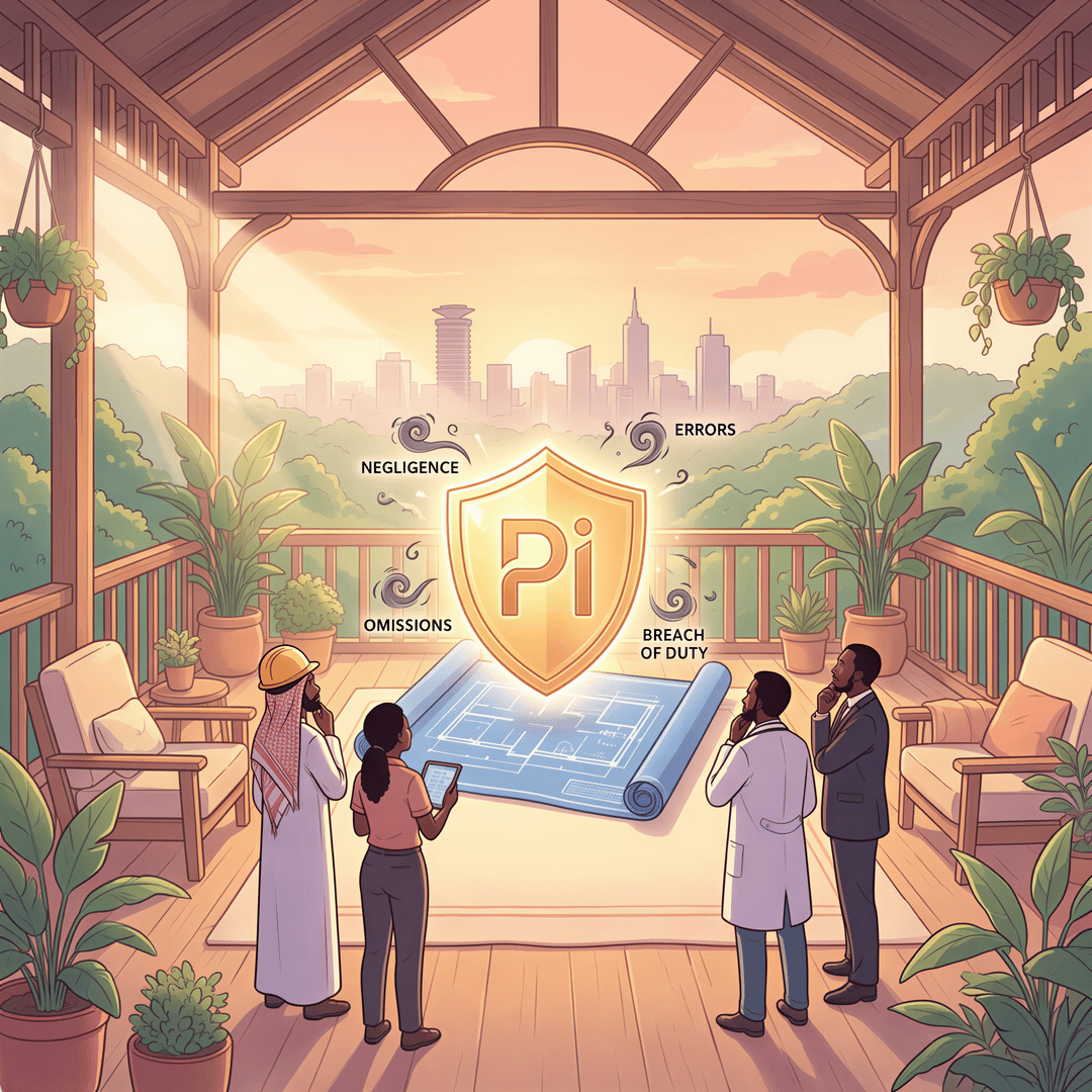Illustration of professional indemnity insurance concept with blueprint, shield, and diverse professionals in Studio Ghibli style