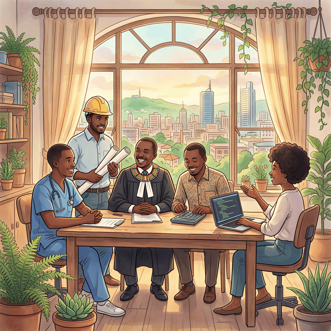 Group portrait in Studio Ghibli style of diverse Kenyan professionals who need PI insurance: a doctor, a lawyer, an accountant, an engineer, and an IT consultant
