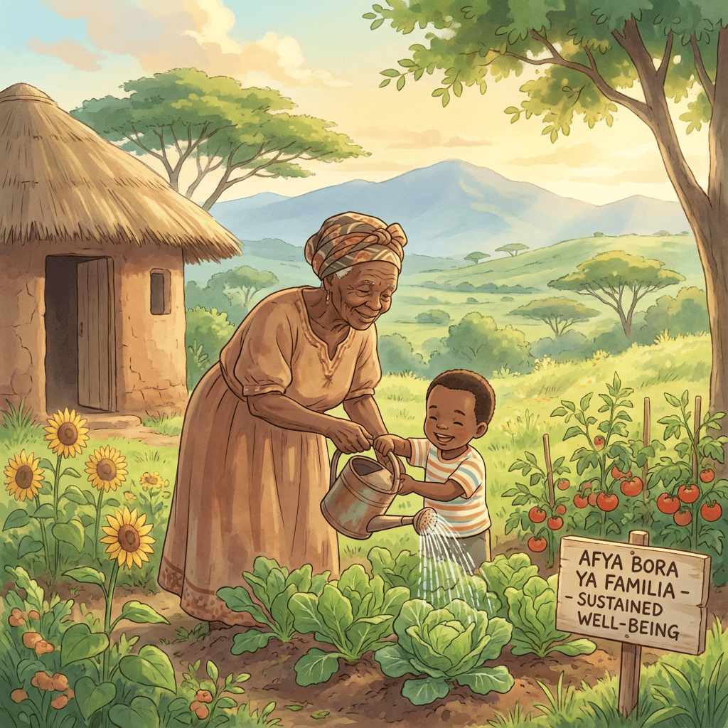 Studio Ghibli aesthetic. A vibrant, sun-drenched scene in a Kenyan homestead garden. An elderly Kenyan woman with a warm smile is helping a healthy young child water a small vegetable patch. The mood is peaceful and contented, symbolizing sustained well-being.