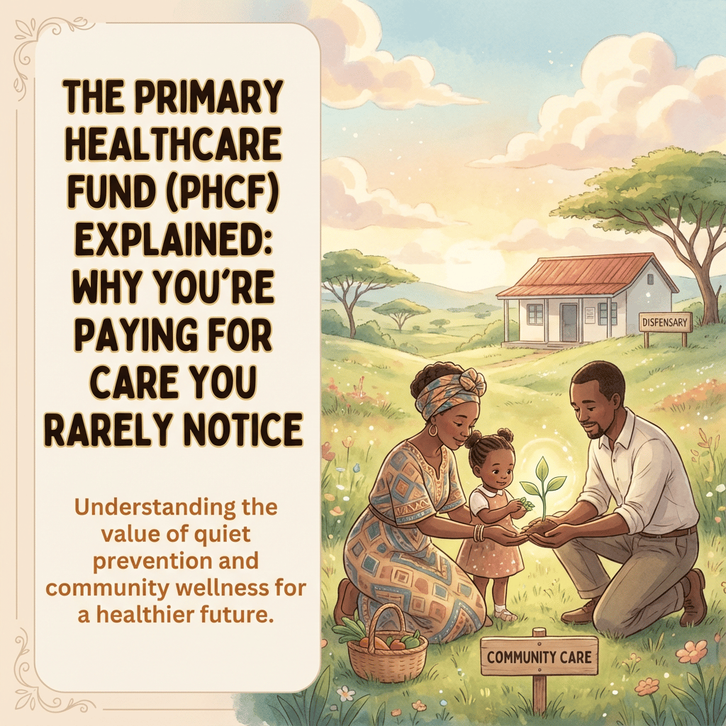 Studio Ghibli style illustration of a Kenyan family looking cheerfully at a small, healthy green sprout growing in their hands, symbolizing quiet prevention and the Primary Healthcare Fund (PHCF).