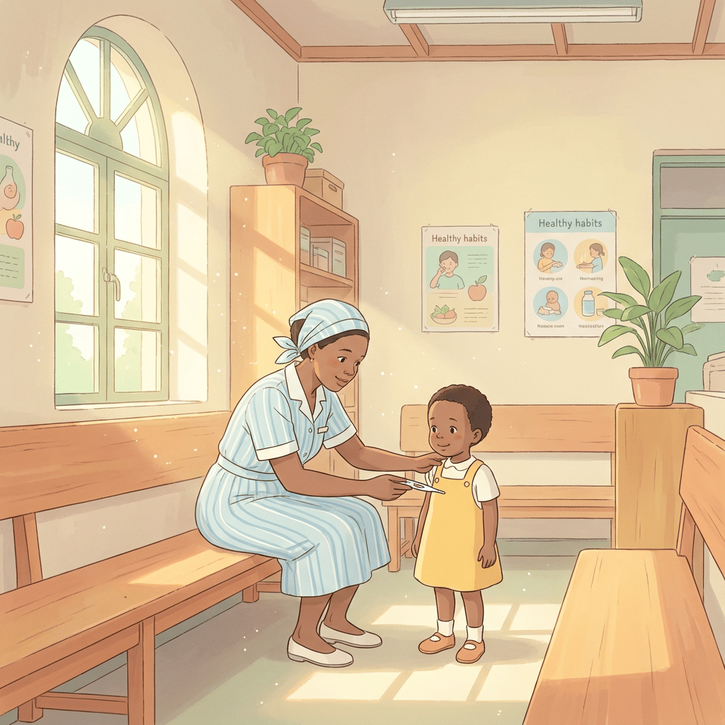 Studio Ghibli style scene of a friendly Kenyan nurse taking a child's temperature in a clean, brightly lit Level 2 health center clinic, representing routine outpatient care.