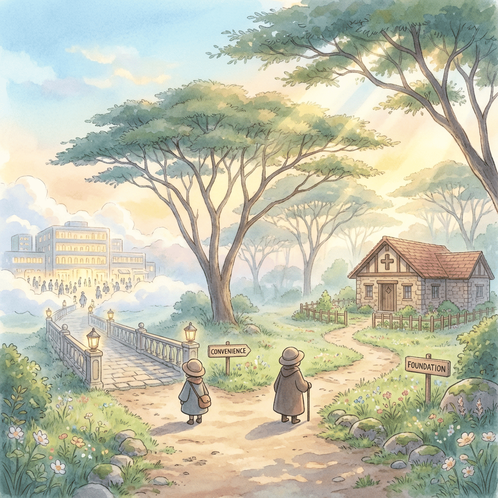 Studio Ghibli aesthetic. A visual metaphor illustrating two distinct paths diverging in a peaceful, slightly misty Kenyan forest clearing at sunrise. One path is paved, ornate, and leads towards a distant, busy, large building (representing private convenience). The other path is simple, natural, and leads towards a sturdy, unassuming community health center in the distance (representing PHCF stability).