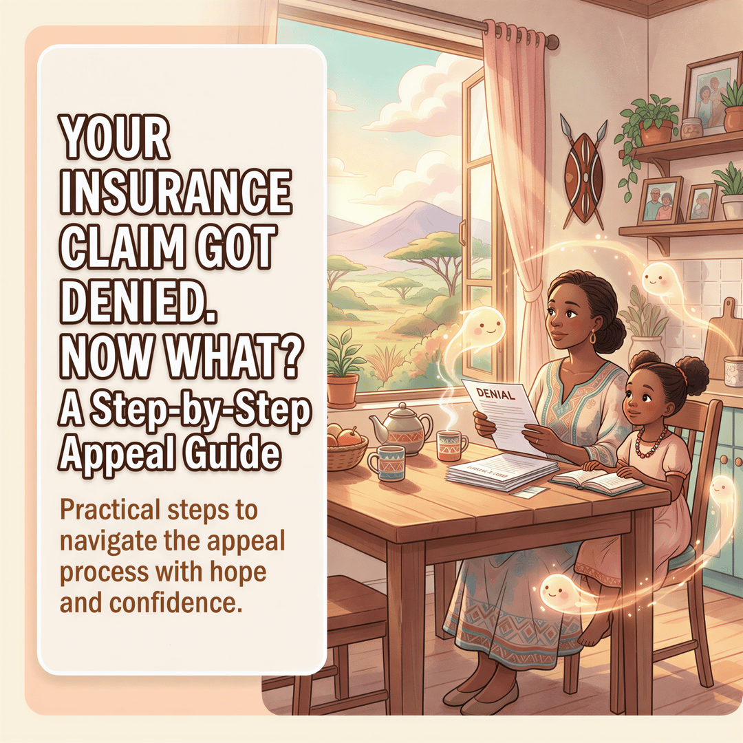 Banner image for 'Your Insurance Claim Got Denied. Now What?' in Kenya with Studio Ghibli-inspired pastel scene
