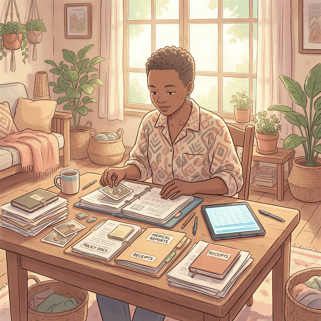 Desk with policy documents, receipts, medical reports, and photos organized for evidence