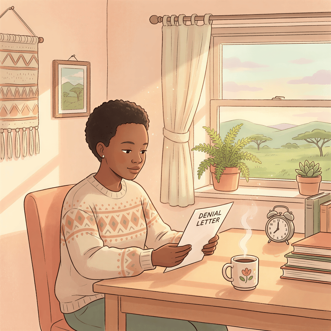 Person reading a denial letter carefully at a desk with a cup of tea