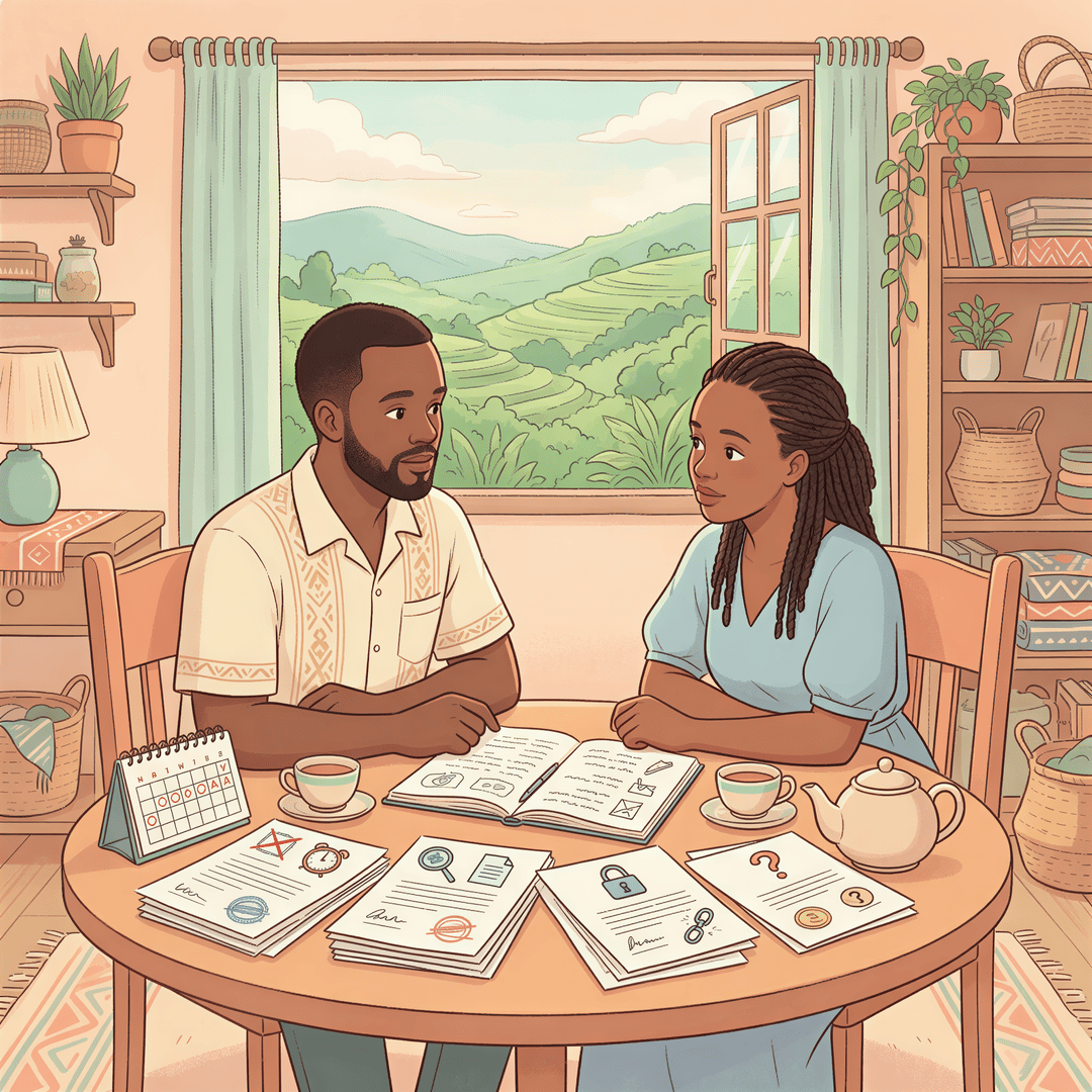 Kenyan couple at a table reviewing policy documents to understand common denial reasons