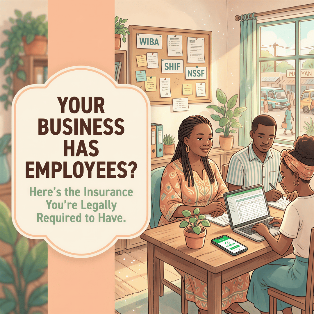 Studio Ghibli aesthetic banner with a Kenyan employer and employees in a warm office, highlighting WIBA, SHIF, and NSSF compliance