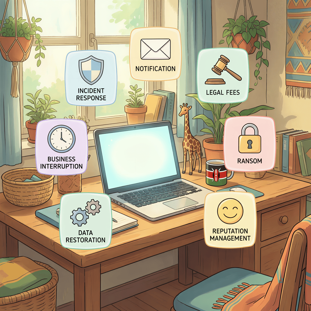 Infographic-style montage of cyber insurance coverages after a data breach