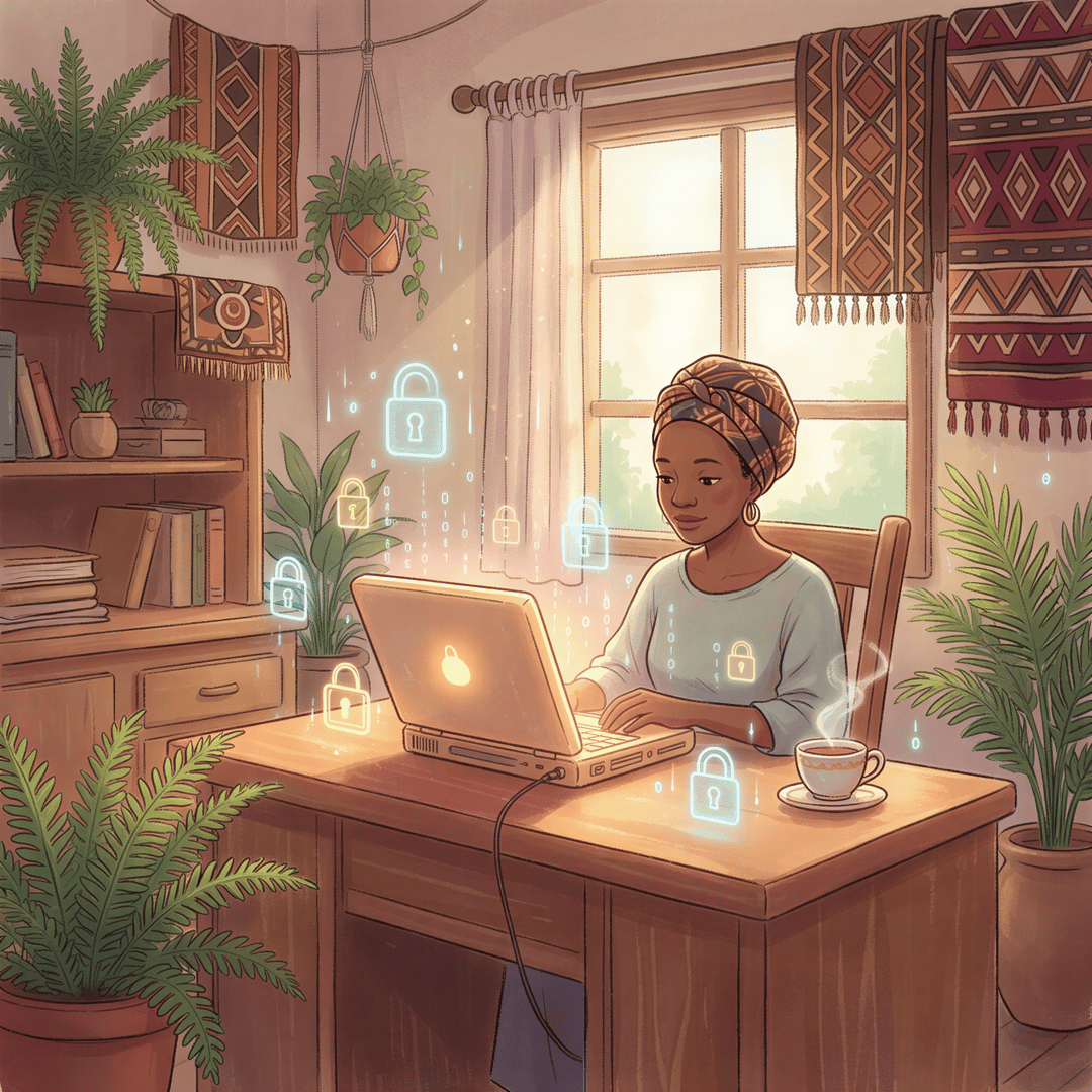 Kenyan business owner facing cyber threats with lock icons