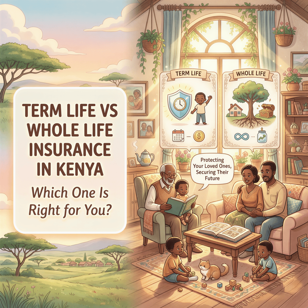 Studio Ghibli-inspired banner showing a Kenyan family considering term life vs whole life insurance