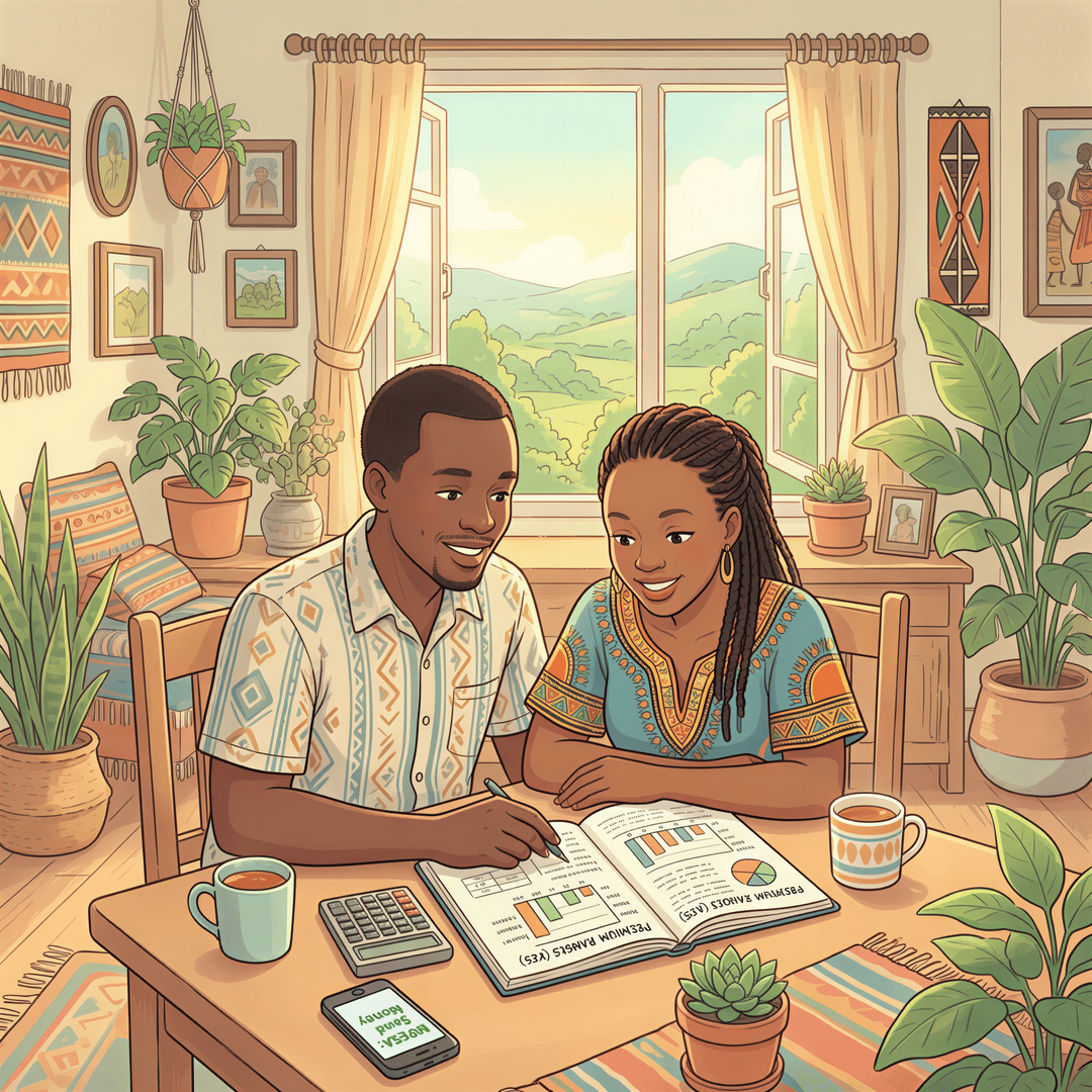 Couple budgeting wedding insurance costs with a notebook and calculator in a warm kitchen