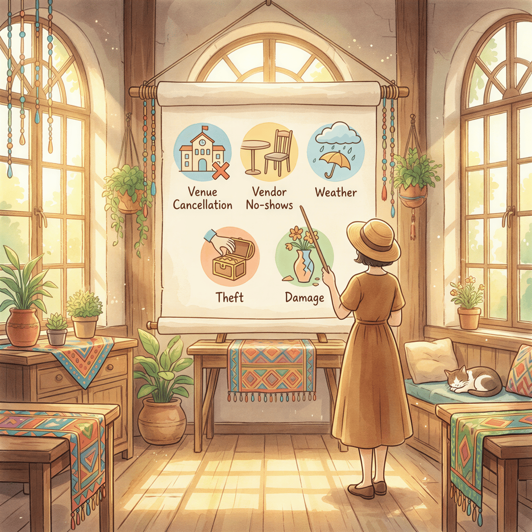 Venue, vendor, weather coverage icons in a Studio Ghibli-style planning scene, Kenya