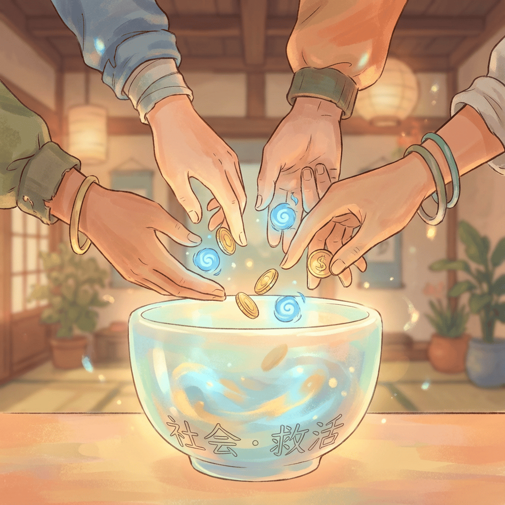 Ghibli illustration of hands pooling shimmering gold coins into a central, protective, glowing vessel representing the ECCIF fund.