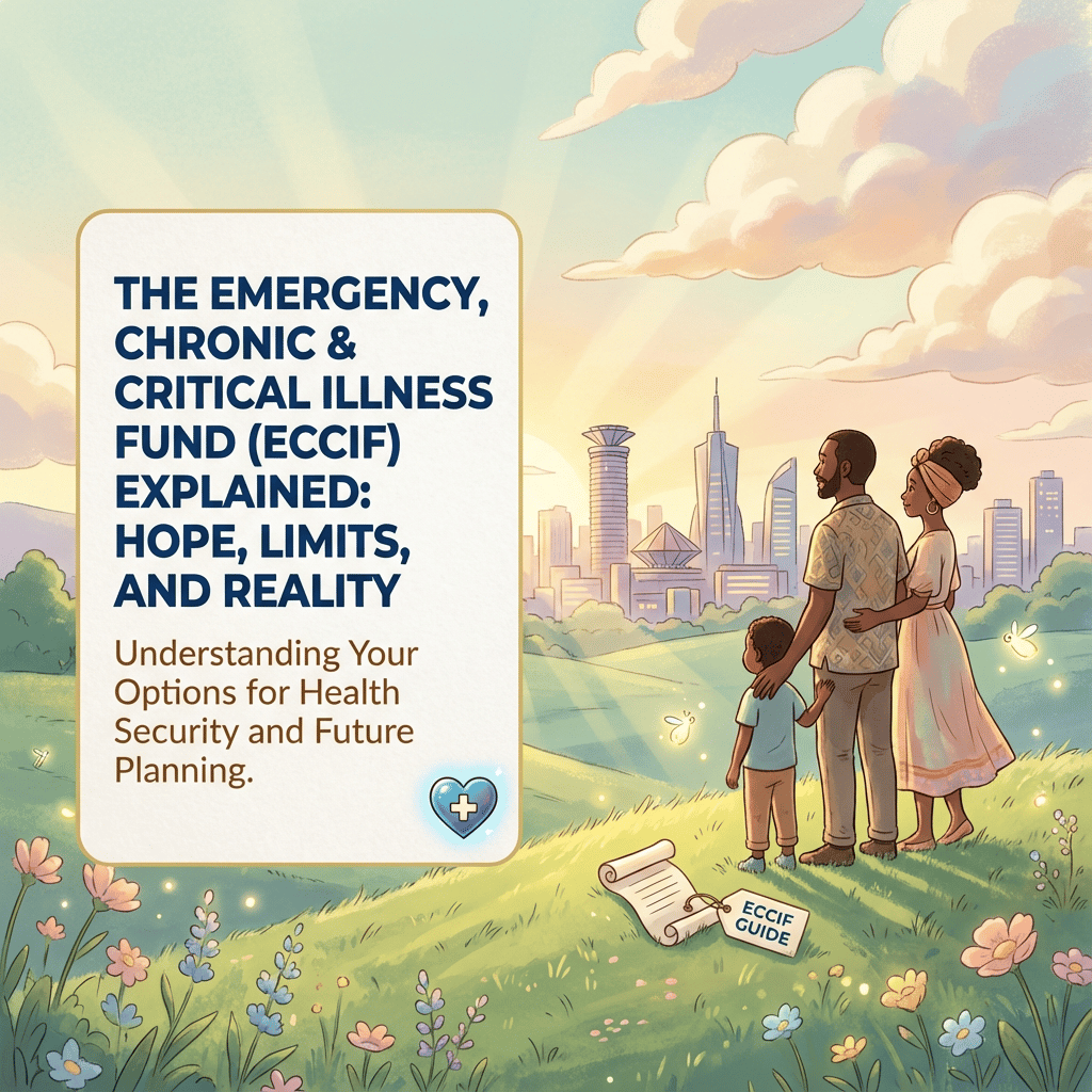 Studio Ghibli style banner showing a Kenyan family looking hopefully towards a bright, distant city skyline, symbolizing healthcare access, overlaid with the title: 'The Emergency, Chronic & Critical Illness Fund (ECCIF) Explained: Hope, Limits, and Reality'.