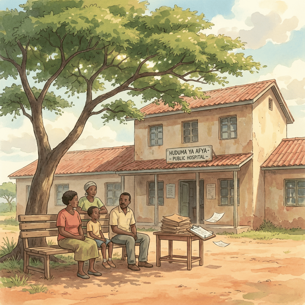 Ghibli scene of a public hospital exterior with several people patiently waiting under a gentle sun, symbolizing capacity constraints.