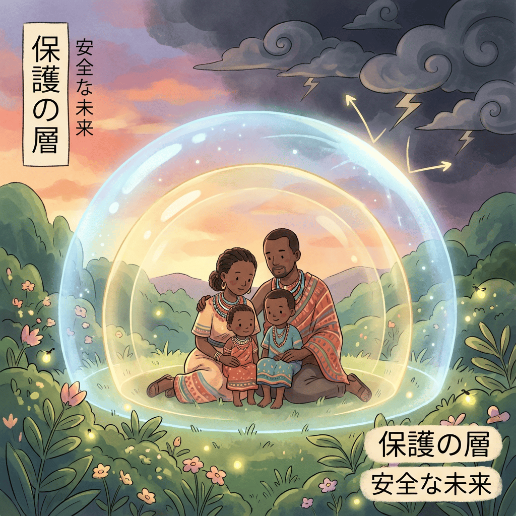 Ghibli illustration showing layers of translucent shields protecting a small Kenyan family from heavy rain and lightning.