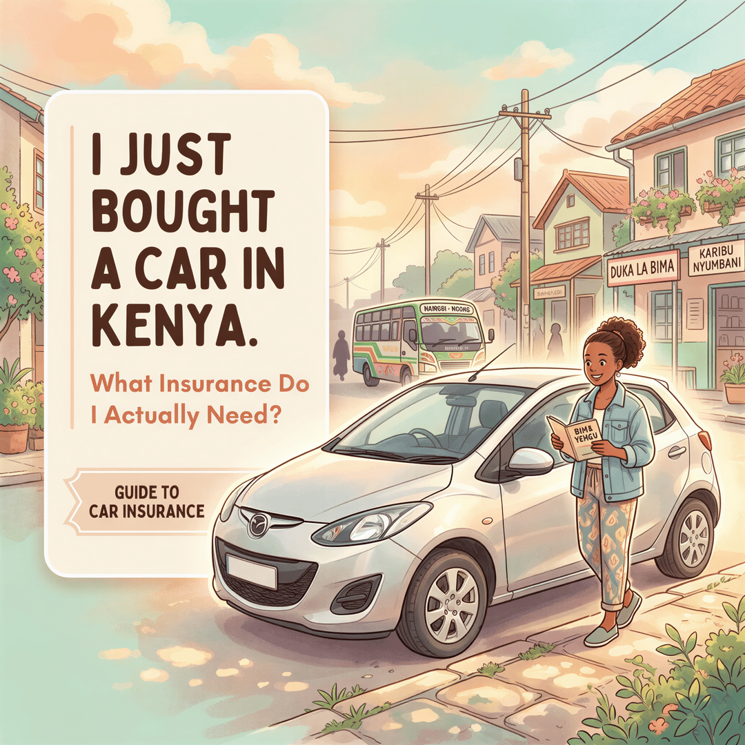 Banner image in Studio Ghibli style with a Kenyan driver beside a car, warm pastels and soft lighting, title overlay reading 'I Just Bought a Car in Kenya. What Insurance Do I Actually Need?'